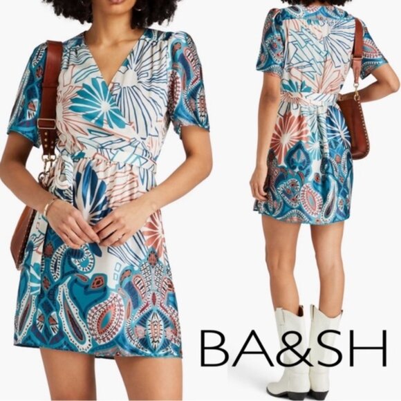NWT Ba&sh ROBE JARA Mixed Print Wrap Mini Dress Turquoise 1E23JARA Size 3 MEDIUM - Picture 2 of 15